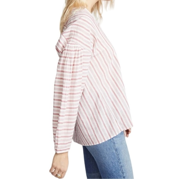 VINCE | Variegated Red Striped Long Sleeve Pullover Top | Cotton V-neck | Medium - Picture 5 of 14